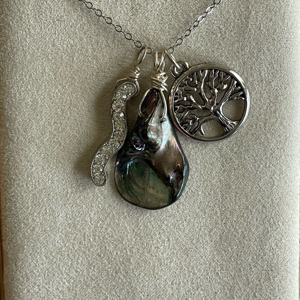 Abalone Wire Wrapped & Tree of Life Pendant Necklace –Rhinestone Charm –Handmade - Picture 2 of 7